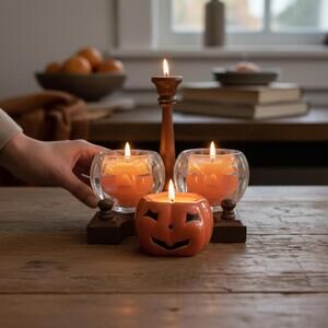 Glass Pumpkin Orange Candles Set of 3 NWOT